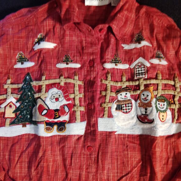 CHRISTMAS HOLIDAY TOP UGLY SWEATER BUTTON UP EMBROIDERED PASSPORTS~WOMENS SIZE M - Picture 2 of 3